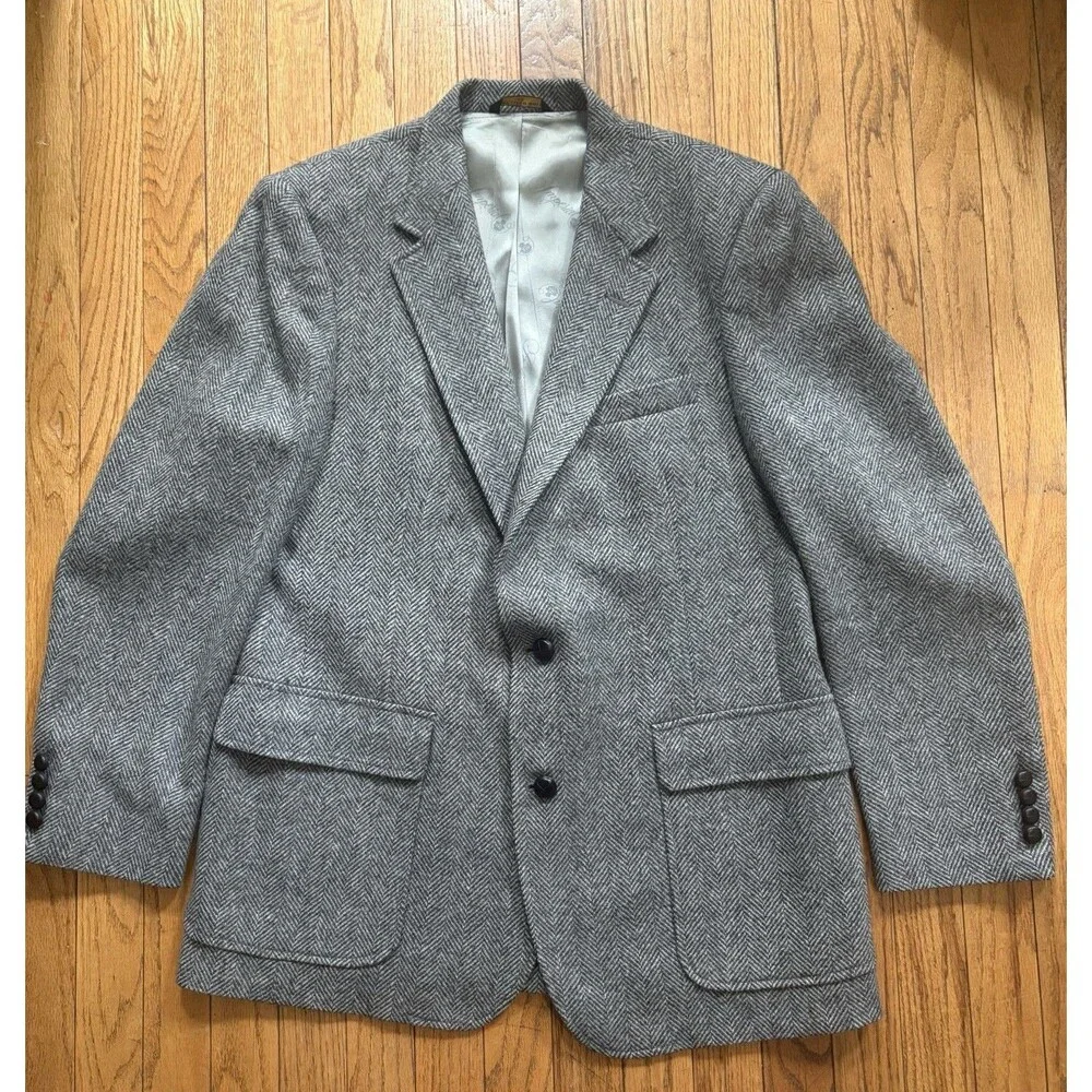 Vintage Imperial Haggar 100% Pure Wool Herringbone Tweed Blazer Size 42 Made USA